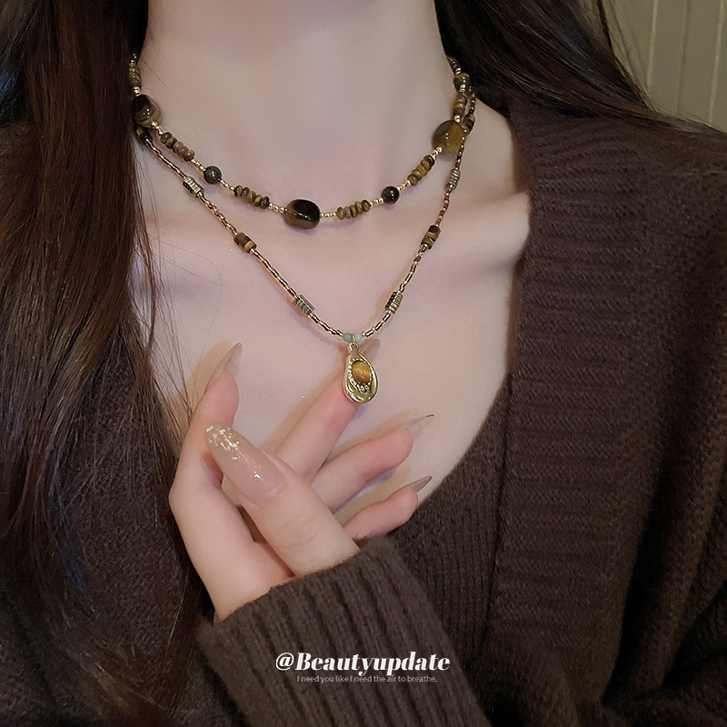 maillard elegant oval artificial tigereye necklace personality trendy sweater chain fashion high sense necklace women