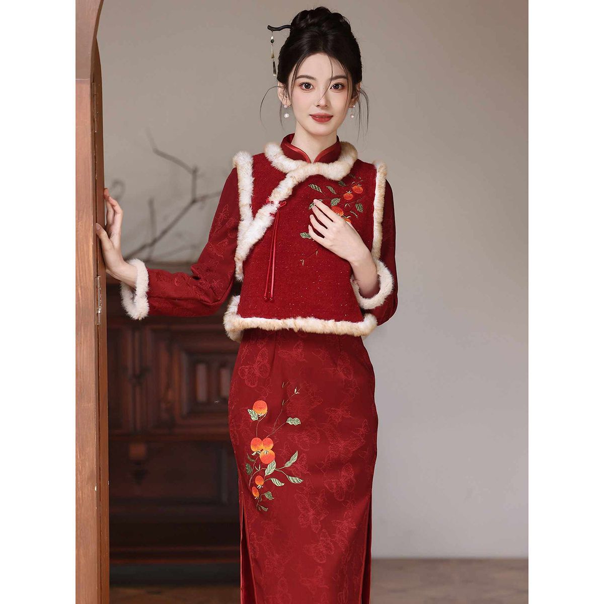 Engagement Red Cheongsam New Chinese Style Wedding Vest Homecoming Suit Embroidered New Year Greeting Outfit Winter Versatile