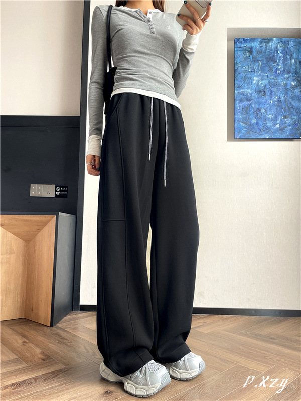 010 女士秋季新款卫裤高级感松紧腰纯色垂感阔腿长裤女运动休闲裤|undefined