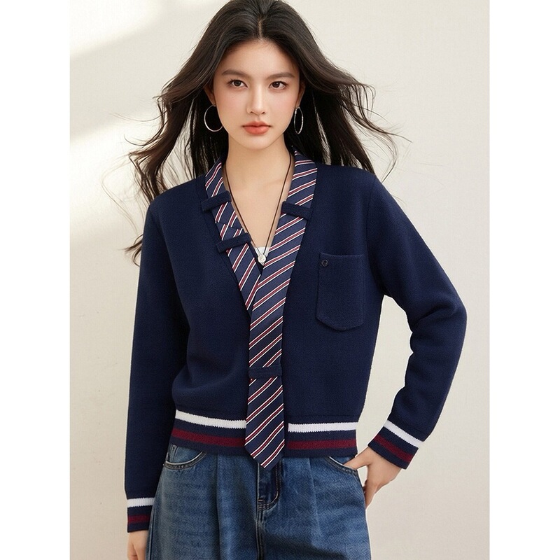 Elegant Commuter Style Navy Blue Striped Tie Collar Sweater Knitwear for Women, New Autumn/Winter High-End Slimming Long Sleeve Top