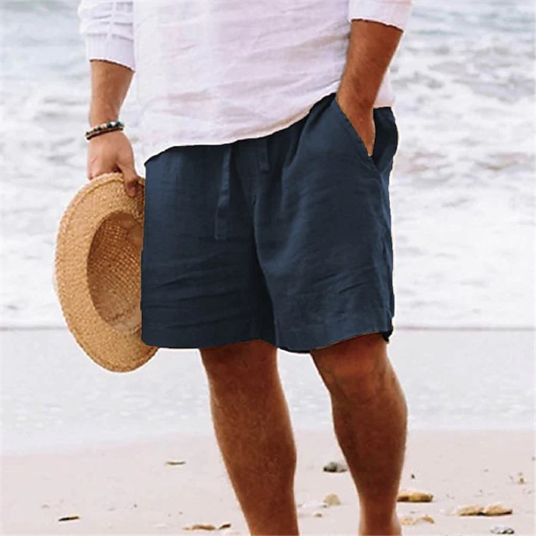 2024 men's summer cotton and linen shorts drawstring elastic waist straight leg solid color breathable beach five casual shorts