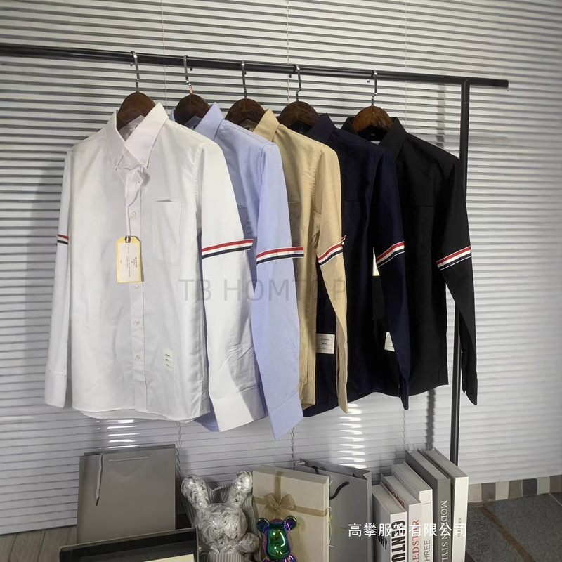 Trendy Brand Tb Homtop White Shirt for Men, Oxford Fabric, Business Casual, Red, White, and Blue Patchwork, Long-Sleeve, Couple's Wholesale