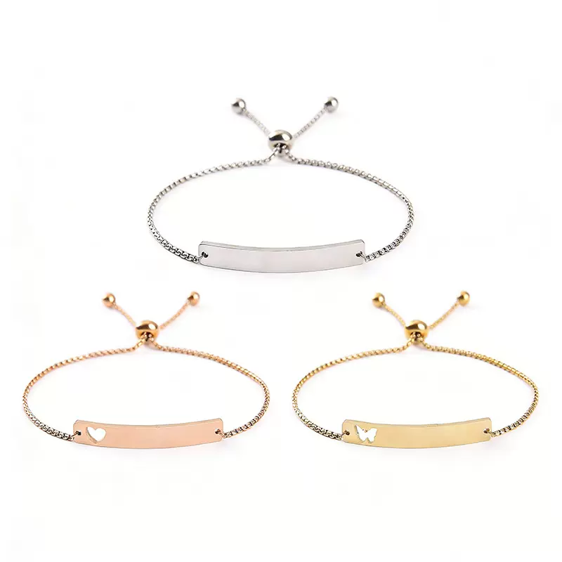 跨境空白无字不锈钢镂空蝴蝶爱心弯形长条金属手链可调节刻字手饰