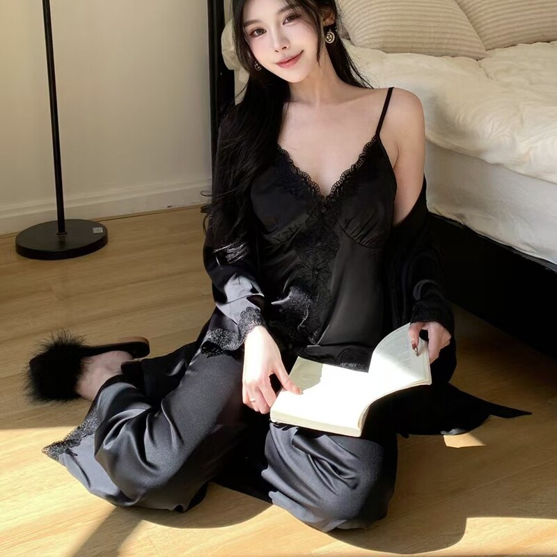 New Lace Stitching Little Red Riding Book Hot Selling Three-Piece Suit Home Wear Sense Thin V-Neck French Casual Pajamas