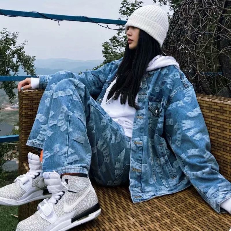 Workwear coat couple wear Denim jacket pants women ins trendy spring and autumn fashion New straight pants suit