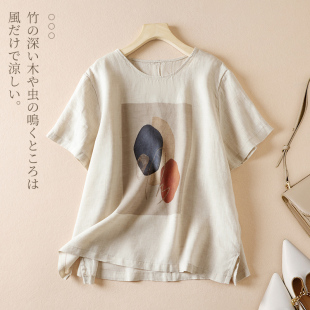 Summer 2025 New Linen Printed Short-Sleeved T-Shirt Women's Loose Large Size Thin Pullover Casual Cotton and Linen Top