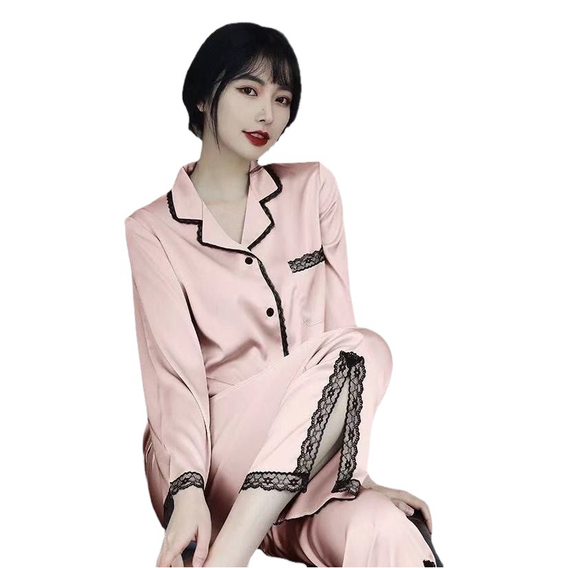 2024 nueva primavera/verano otoño pijamas de seda de hielo de las mujeres de manga larga floja delgada de las mujeres en línea celebridad ropa de casa traje transfronterizo