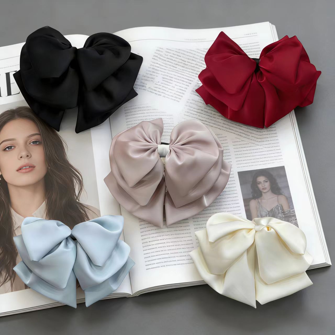 4cm French Satin Bow Flower Bud Clip for Women's Fluffy Hair on the Back of the Head, High-End and Elegant Hair Accessory