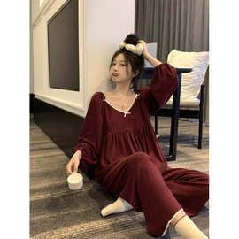 跨境专供外贸女士新品韩系简约毛巾布睡衣套装圣诞花边睡衣家居服