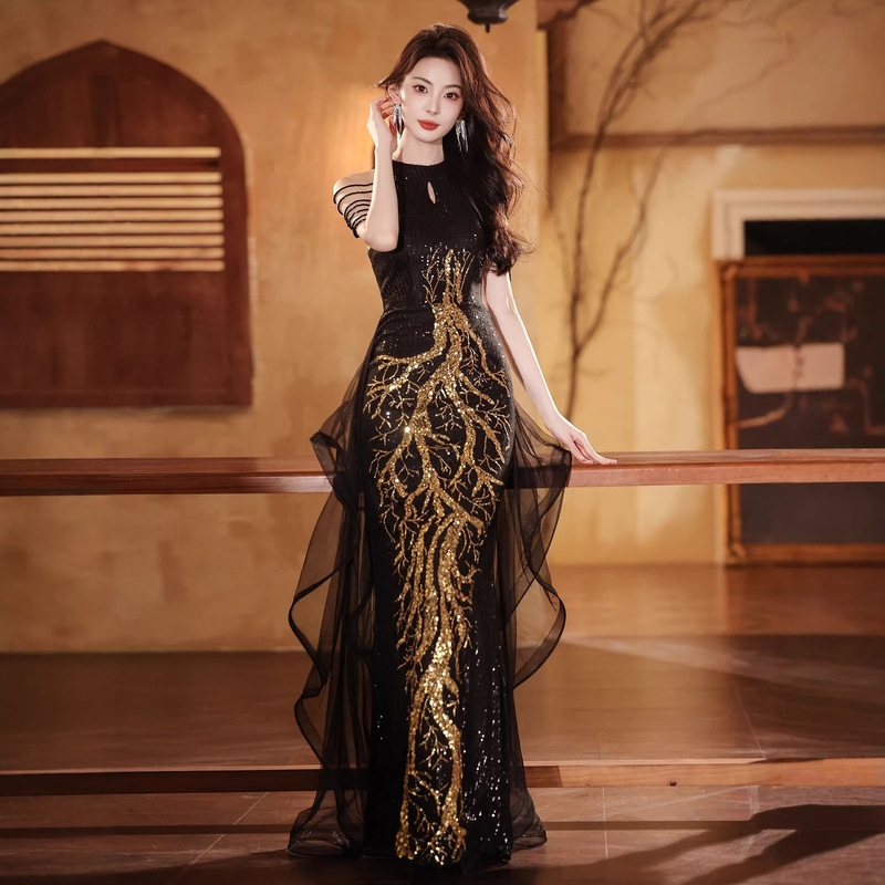 Black evening dress for important occasions, women's light luxury niche high-end fishtail dress for annual meeting hostess, elegant adult ceremony dress Black evening dress for important occasions, women's light luxury niche high-end fishtail dress for annual meeting hostess, elegant adult ceremony dress