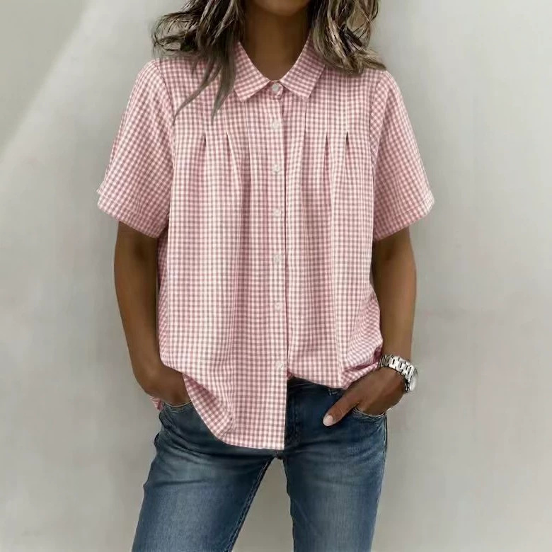 Women's Clothing Summer Women's Plaid Short Sleeve Shirt Casual Lapel Fashionable Versatile Style Top For Formal & Casual For Women_ecoleips.com