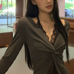 红人馆长袖打底衫女2025新款初秋韩系穿搭蕾丝t恤假两件辣妹上衣