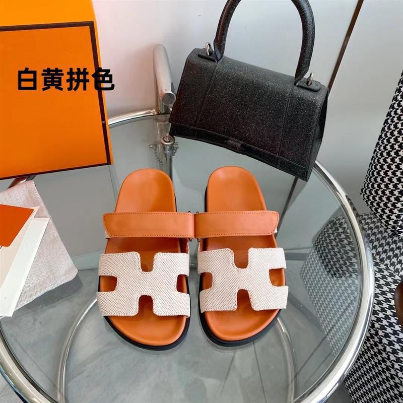 女性用の高品質の二級サンダル、ビーチ用の第一層牛革ベルクロスリッポン、男性用のフラットビッグブランドスリッパ|undefined