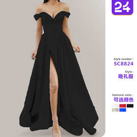 2026春季新跨境欧美女装多色抹胸V领露背大摆连衣裙开叉无袖 长裙
