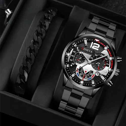 Fashion Business Day-Date Calendar Watch Wholesale Personalized Men's Steel Strap Business Cross-Border Set