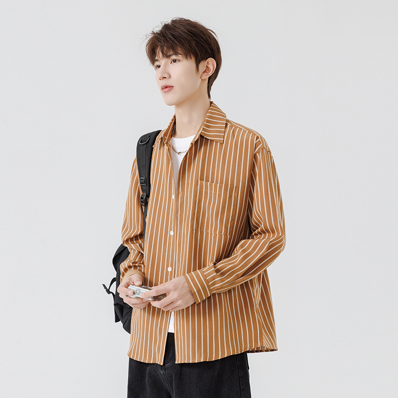 Spring and autumn men's Japanese-style loose striped long-sleeve shirt, casual versatile shirt top, trendy, slimming and stylish