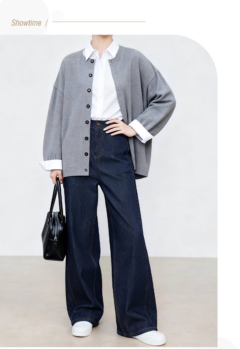 Quần jean ống rộng Xinge denim xanh chống phai màu, lưng cao, dáng suông dài đến sàn — màu xanh denim chi tiết 7