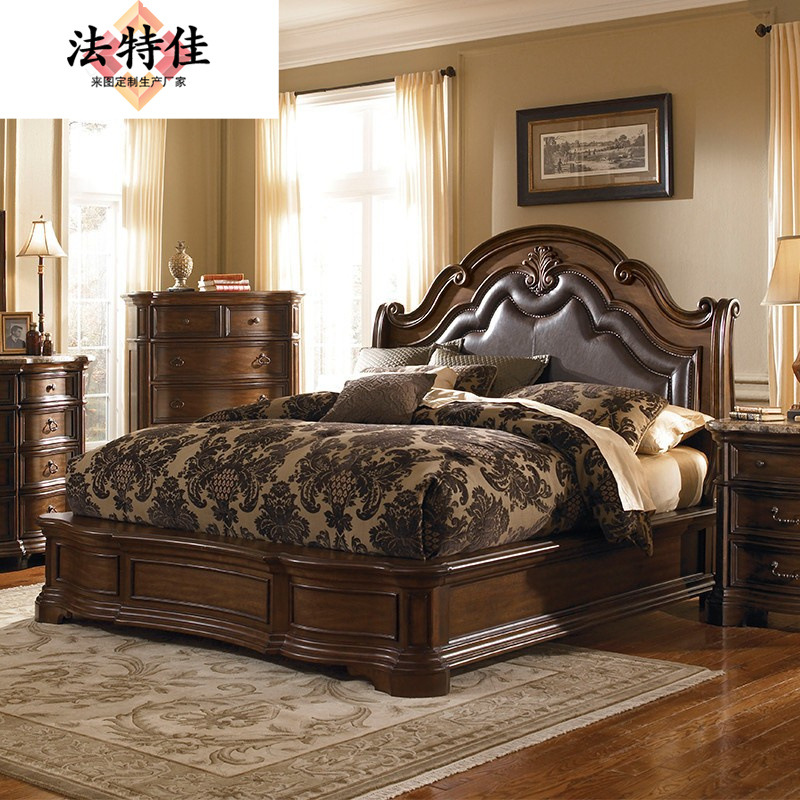 美式古典实木雕花1.8米2米主卧双人床新古典皮软包别墅豪华大床