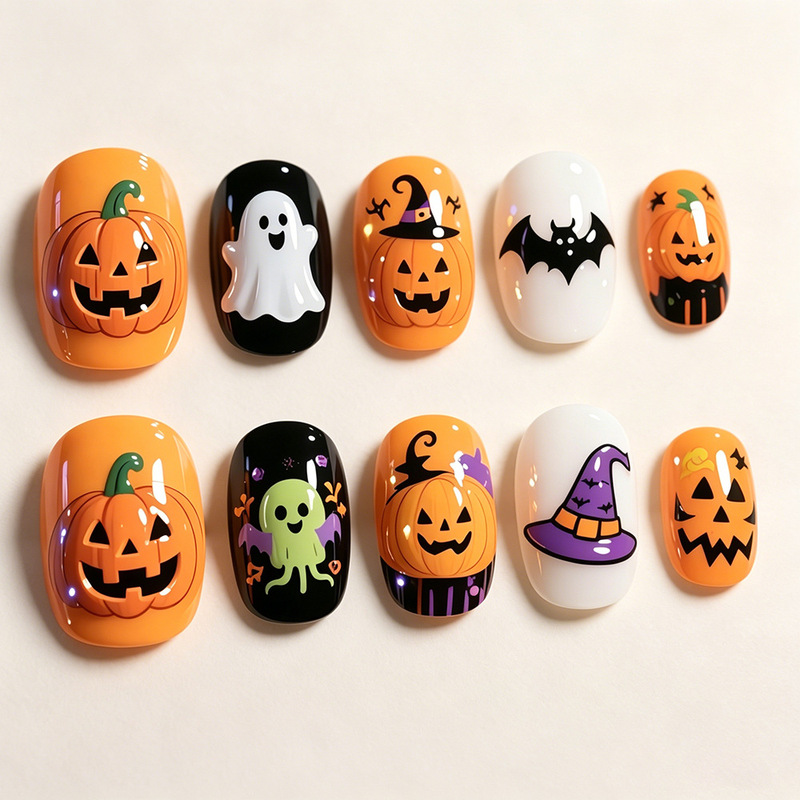 Cute Cartoon Pumpkin Ghost Short Nail Art with Childlike Halloween Bat Wizard Hat Fake Nails and Nail Stickers