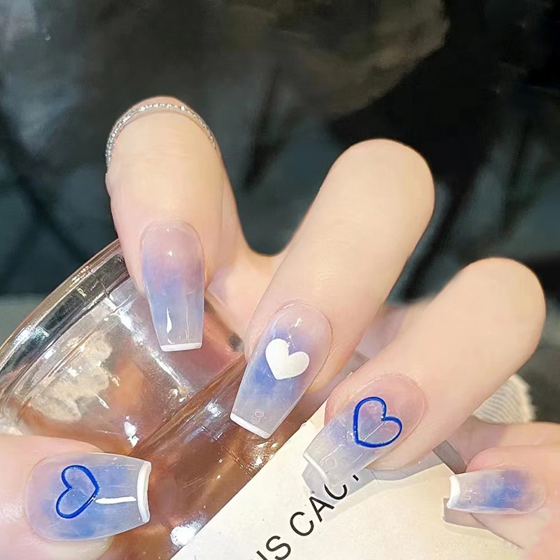 Fresh Gradient Wearable Nails Medium and Long Nails Blue and White Love Nail Art Pieces Fake Nails Factory Direct Sales Popular Manicure Fresh Gradient Wearable Nails Medium and Long Nails Blue and White Love Nail Art Pieces Fake Nails Factory Direct Sales Popular Manicure