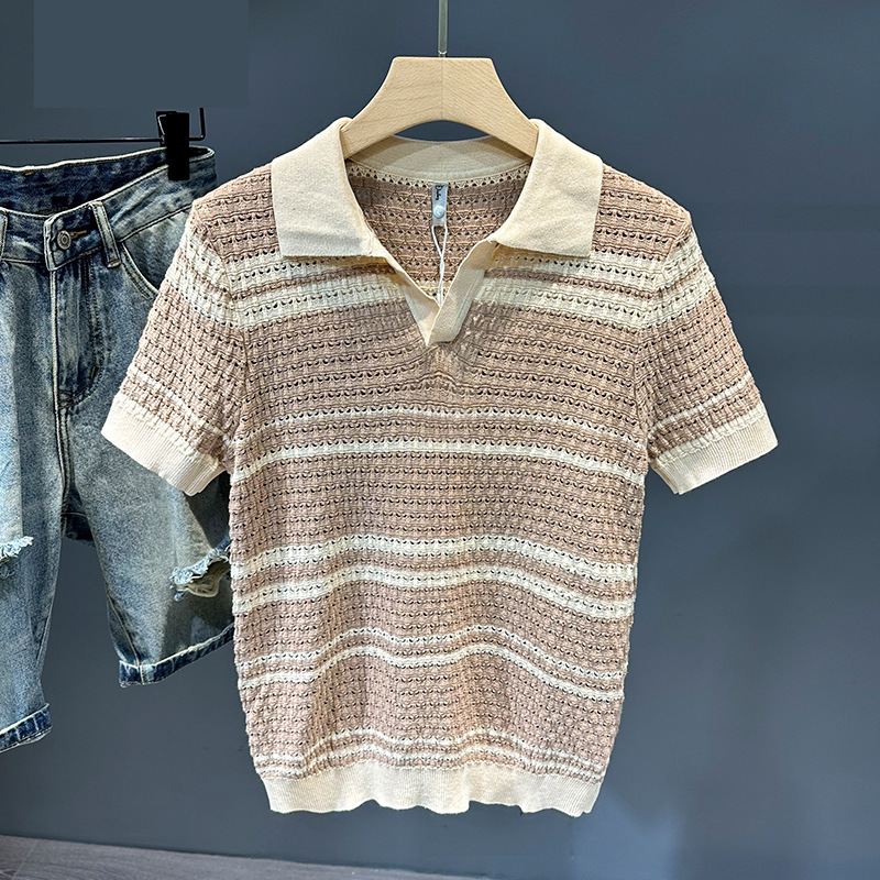 Verano nuevo estilo suéter de manga corta camisa POLO a rayas huecas para hombre camiseta de seda de hielo de negocios con cuello en V comercio exterior al por mayor transfronterizo
