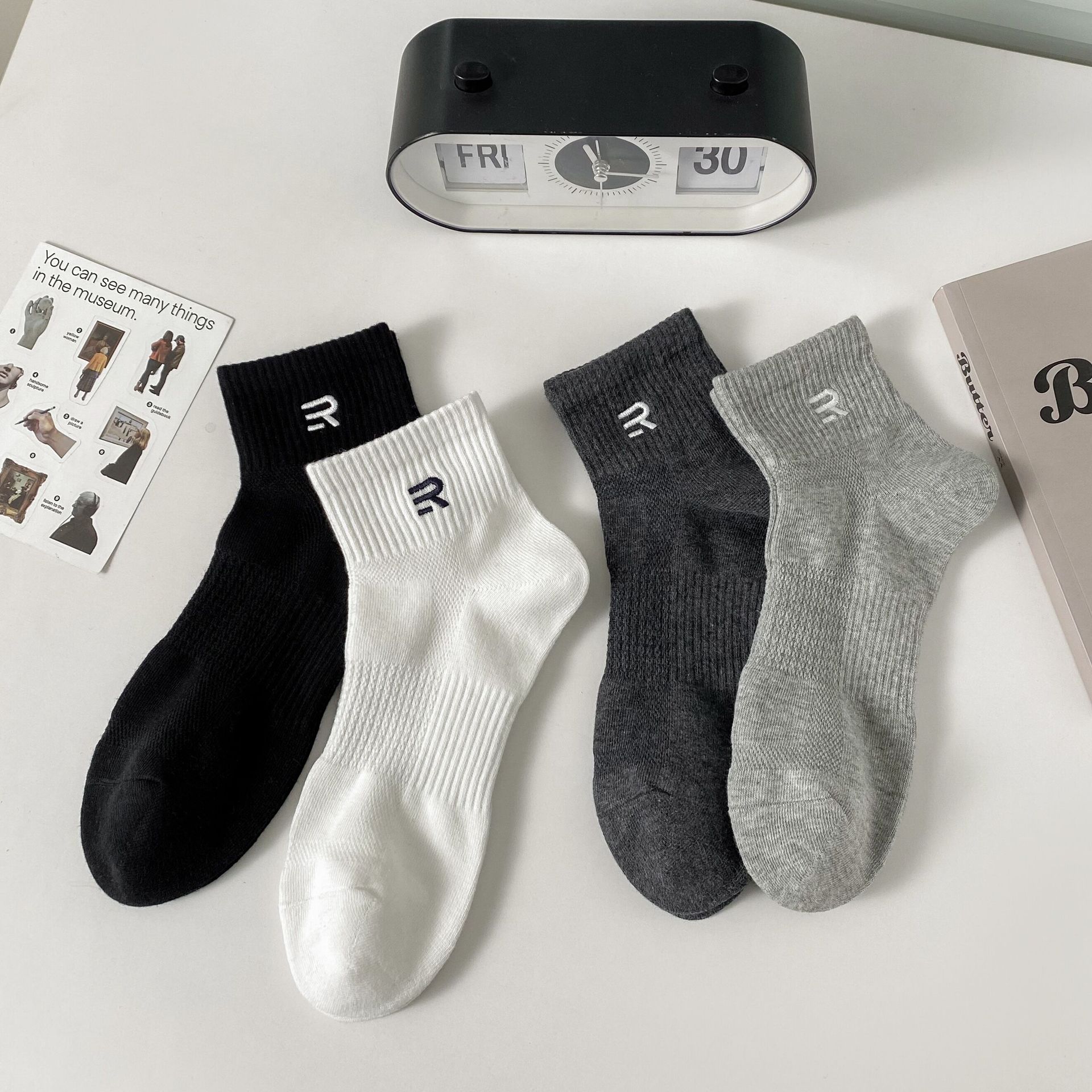 襪子男夏季薄款短襪棉質網眼吸汗透氣中短筒襪春秋白色男生運動襪