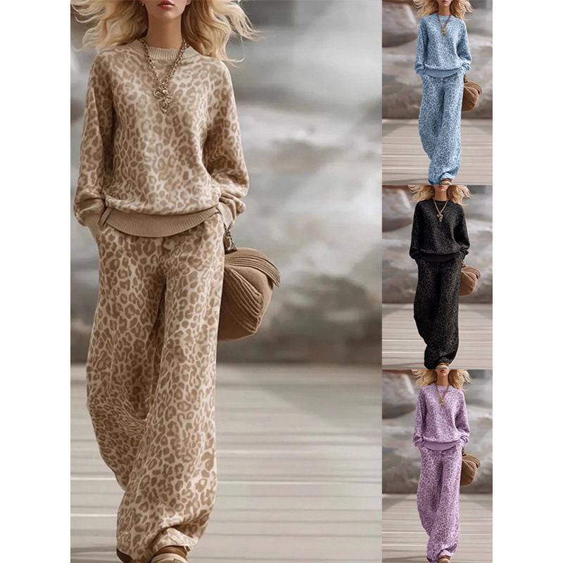 2026 Autumn/Winter European and American Amazon Cross-Border Light Brown Leopard Print Set Long Sleeve Slim Fit Sweatshirt Retro Casual Pants