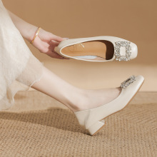 真皮浅口粗跟单鞋女面试工作鞋正装不累脚软皮奶奶鞋女法式高跟鞋