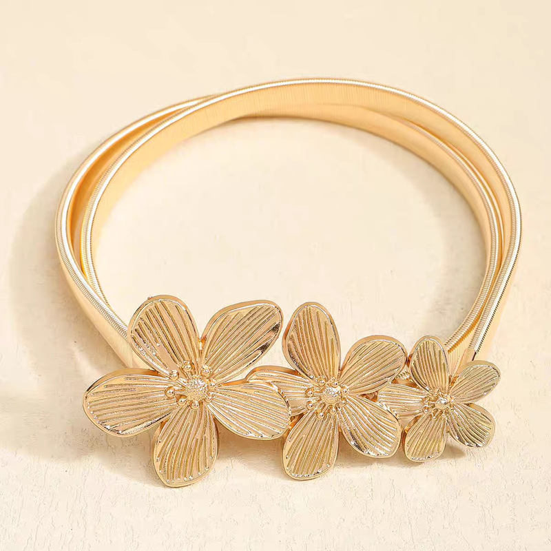 European and American Style Stretchable Design Metal Spring Belt for Women with Floral Decoration, Ins-Style Dress Waist Chain to Match Pants