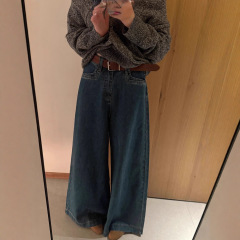 美式复古蓝色腰带阔腿牛仔裤女秋季新款设计感明线休闲拖地长裤