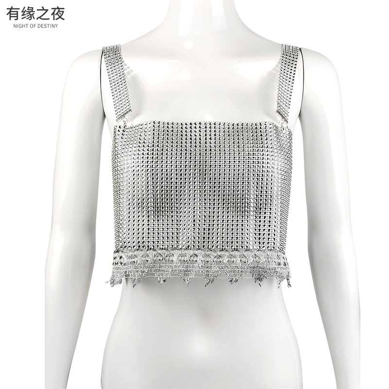 Europe and the United States cross-border diamond sequins tassel lace exposed waist nightclub dancing summer breathable flash camisole top Europe and the United States cross-border diamond sequins tassel lace exposed waist nightclub dancing summer breathable flash camisole top