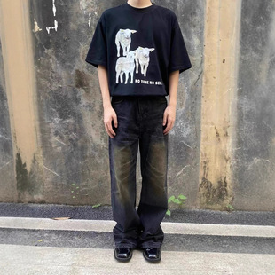 Washed vintage distressed mud dyed cat beard scratch versatile casual wide leg straight jeans for men and women