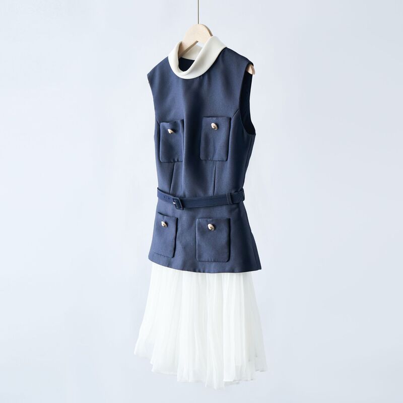 Queen of Elegance! Same Source as In-Store Goods 25 Summer New Blue and White Chanel-Style Satin Faux Two-Piece Sleeveless Dress