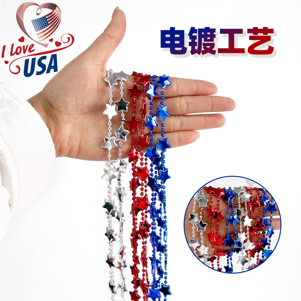 Collar decorativo con estrella del Día de la Independencia Americana, accesorios para la fiesta del Día de los Veteranos, cadena de cuentas con estrella de cinco puntas en rojo, plateado y azul.