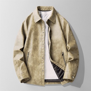 Cross-Border New Retro Distressed Motorcycle Leather Jacket Men's Short Spring & Fall American Casual Flight Pu Deerskin Velvet Jacket