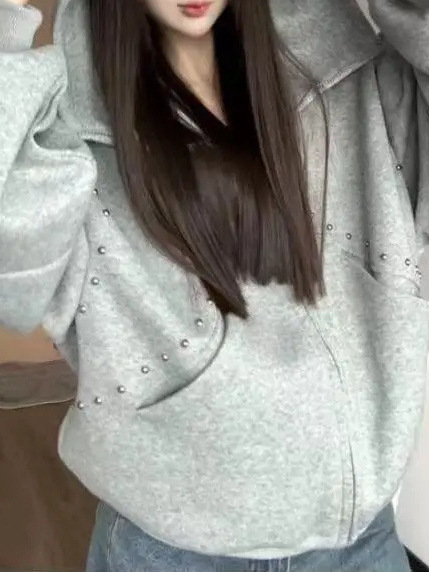 美式铆钉杜宾犬耳朵连帽卫衣女秋季宽松甜酷风设计感短款开衫外套|undefined