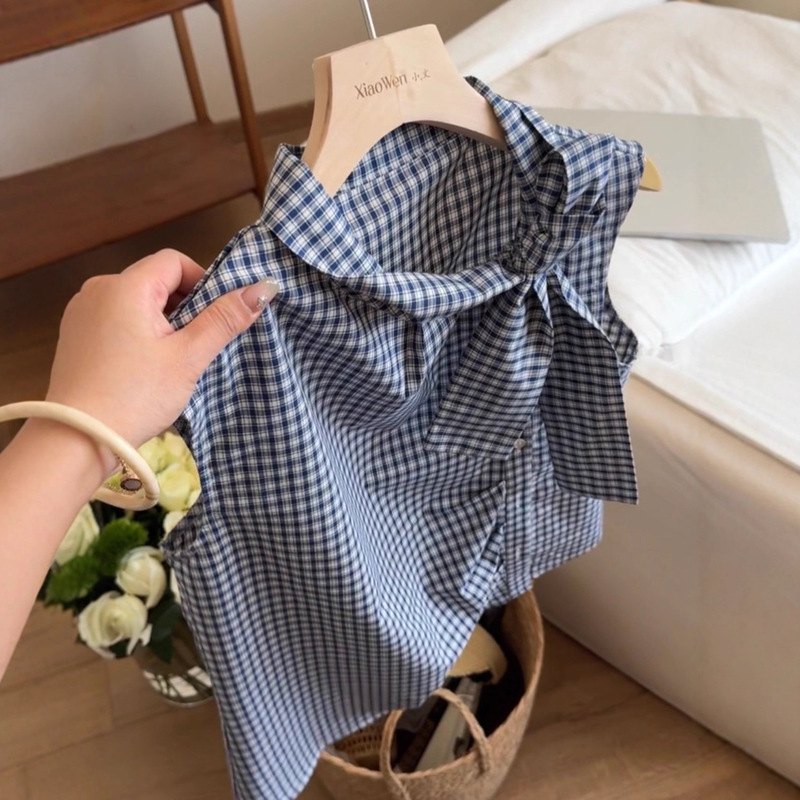 French-Style Bow Tie Sleeveless Plaid Shirt for Women, 2025 New Summer Tea-Inspired Chic Blouse Top French-Style Bow Tie Sleeveless Plaid Shirt for Women, 2025 New Summer Tea-Inspired Chic Blouse Top