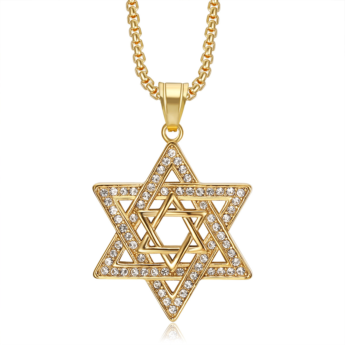 18K Gold Plated Plating Material Rhinestones Inlay Material Titanium Steel Chain Material 1 Piece Quantity Hip-Hop Hexagram Titanium Steel Plating Rhinestones 18K Gold Plated Men's