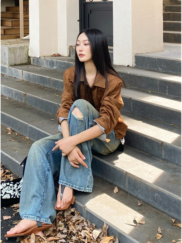 2025秋季翻领鹿皮绒工装夹克短款街头潮流单排扣长袖外套女56039|undefined