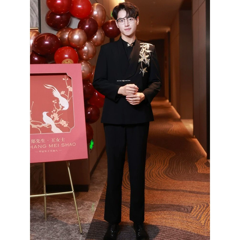 Новый китайский мужской костюм 2024, свадебный костюм жениха, костюм для тоста, ретро-костюм в стиле Тан, китайский стиль