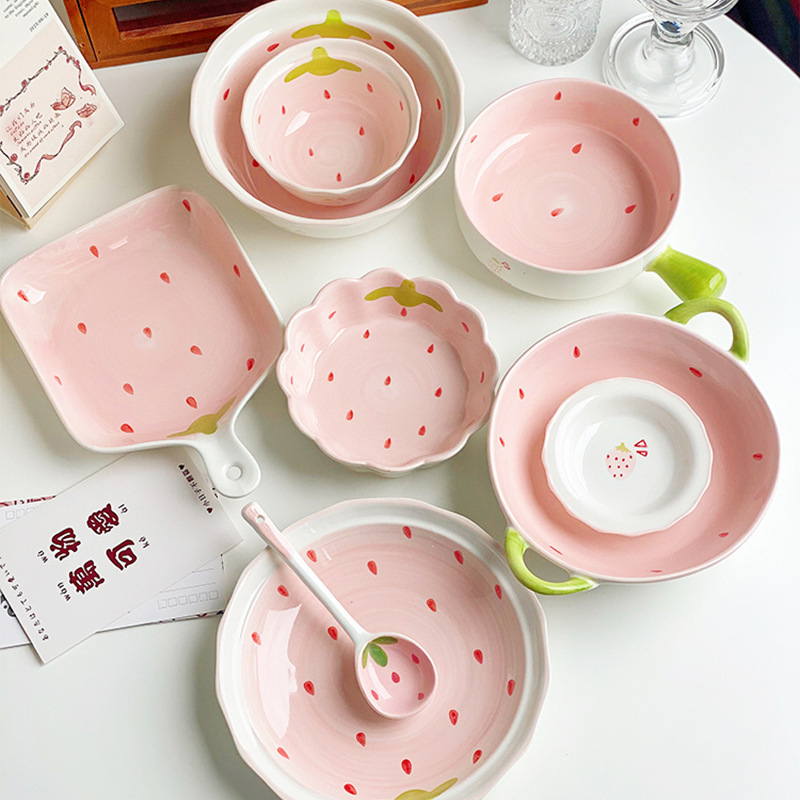 Strawberry Cute ceramic bowl rice bowl double-ear noodle bowl 2023 New Internet celebrity bowl dish suit household plate tableware
