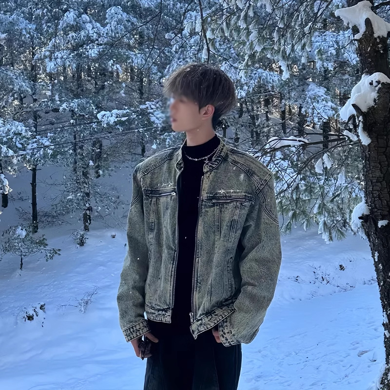 美式复古短款牛仔外套男高级感痞帅潮流宽松水洗做旧垫肩夹克衣服