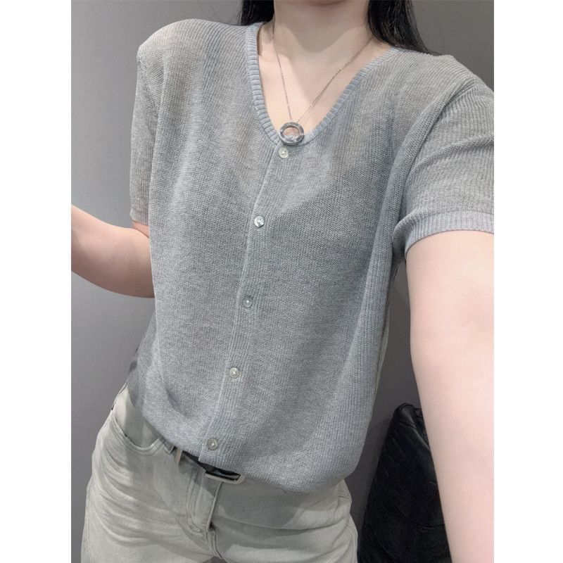 Áo cardigan dệt kim tay ngắn cổ V chất liệu băng lụa mỏng mùa hè — màu xám chi tiết 11