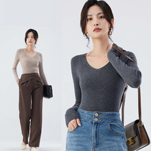 可机洗无缝超细100羊毛针织衫女秋冬款60支精纺毛衣V领打底衫女装