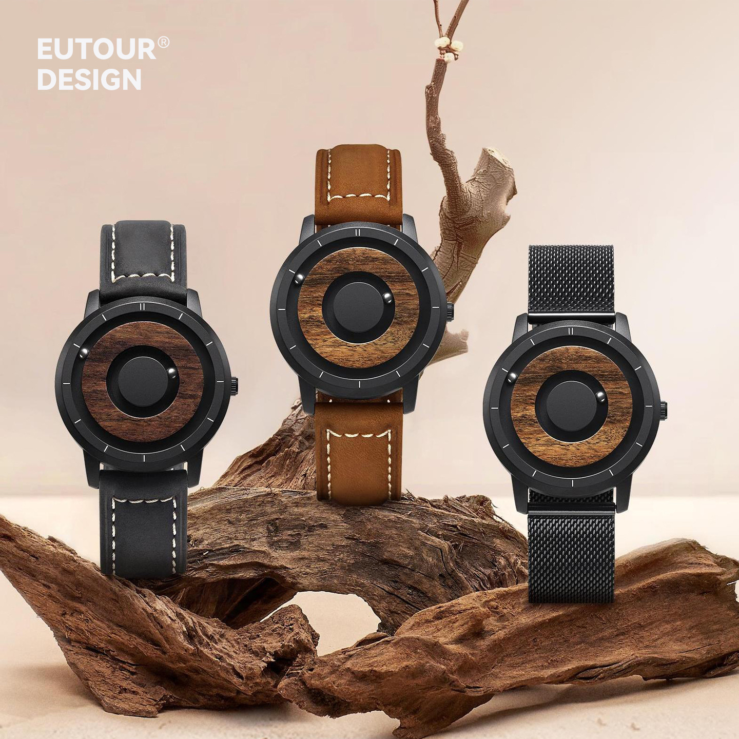 Eutour Creative Magnetic Levitation Pointerless Watch Genuine Leather Sandalwood Men's New Magnetic Watch E022