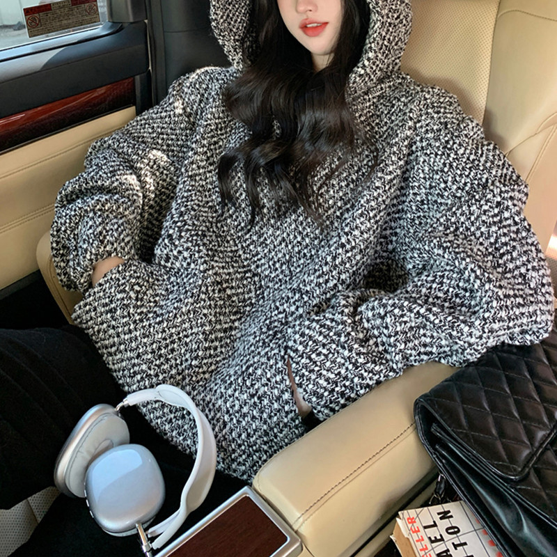 American retro Xiaoxiang hooded sweater men's and women's spring and autumn new design tweed woven hooded jacket American retro Xiaoxiang hooded sweater men's and women's spring and autumn new design tweed woven hooded jacket