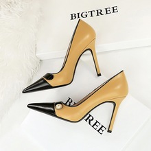 1198-H50 Retro European and American Style High Heels Slim Heels Super High Heels Shallow Mouth Pointed Pearl Contrast Pointed Women's Singles