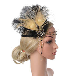 欧美民族复古风黑色羽毛发饰嬉皮镶钻流苏链1920舞会派对羽毛头带