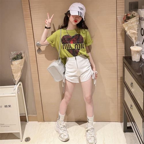 Girls Summer Suit 203 New Casual Girls Middle and Large Children Love Short Sleeve Drawstring Shorts Two-piece Set Children's Clothing 8