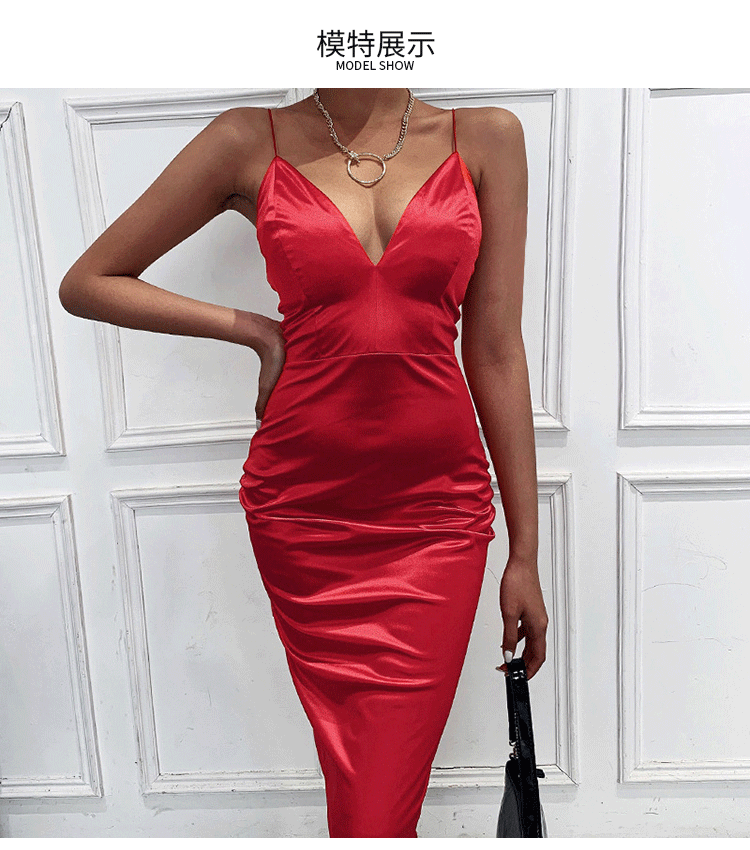 sexy v-neck low-cut sling solid color bag hip dress NSHHF53636